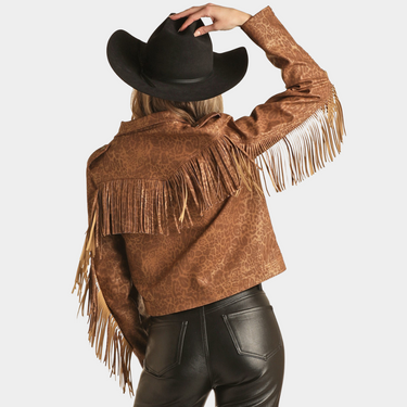 Rock & Roll Denim Cheetah Brown Leather Fringe Jacket