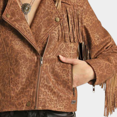 Rock & Roll Denim Cheetah Brown Leather Fringe Jacket