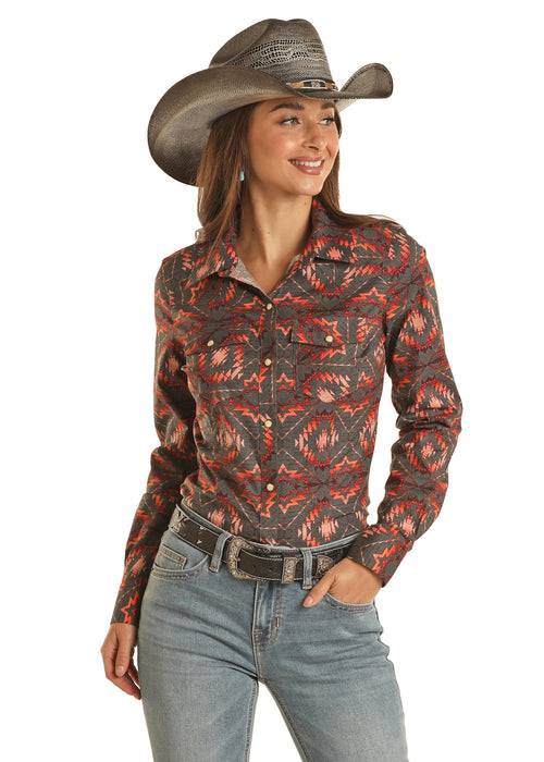 Rock and Roll Denim Women's Aztec Print Long Sleeve Snap Shirt Western Wear